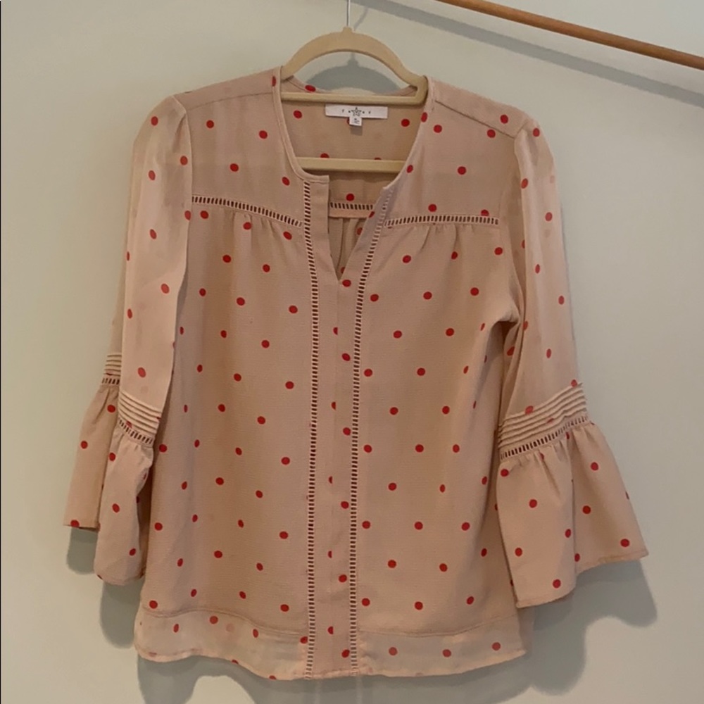 Tan blouse with red dots